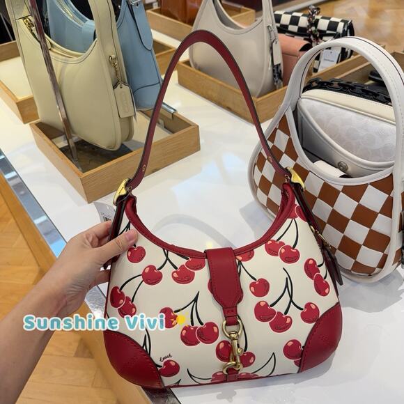 NWT COACH Hamptons Hobo Leather Shoulder Bag W/ Cherry Print CY936 Chalk - Picture 1 of 13